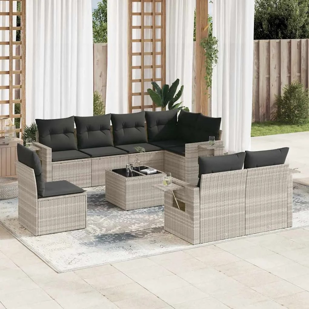 vidaXL 9 pcs conj. sofás jardim com almofadões vime PE cinzento-claro