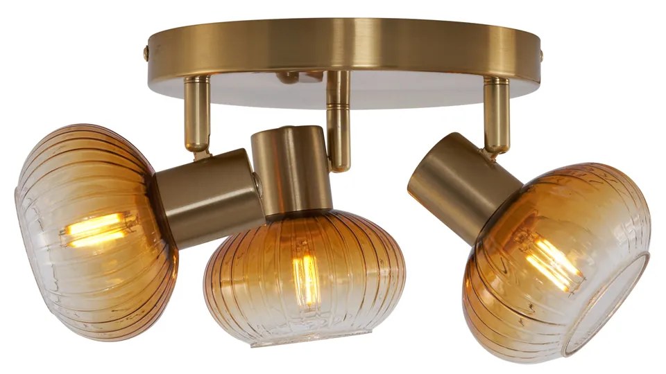 Candeeiro de Teto Moderno Dourado com Vidro Âmbar Redondo 3 Luzes - Teddy Moderno