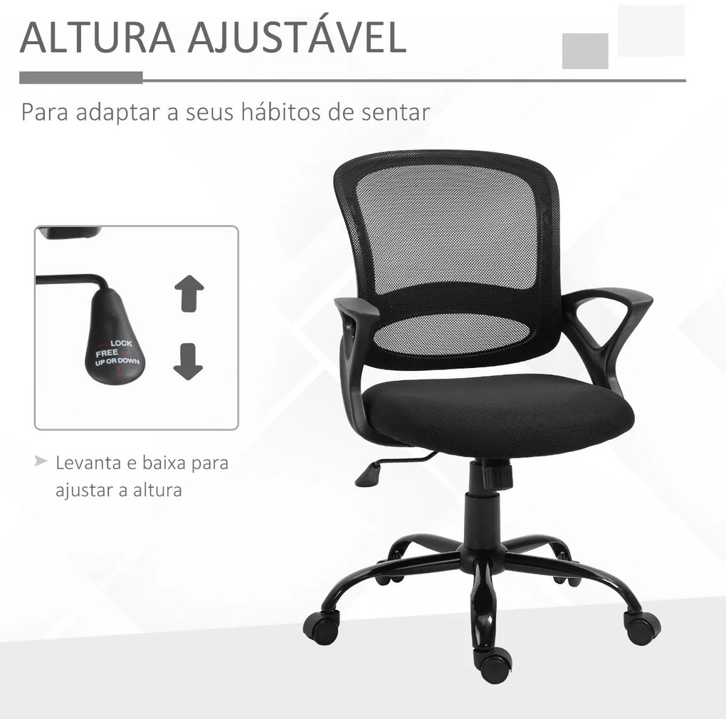 Cadeira de Oficina Ergonômica Basculante com Altura Ajustável Assento Giratório 360° Suporte e Lombar Malha Transpirável 61x61x89-99cm Preto