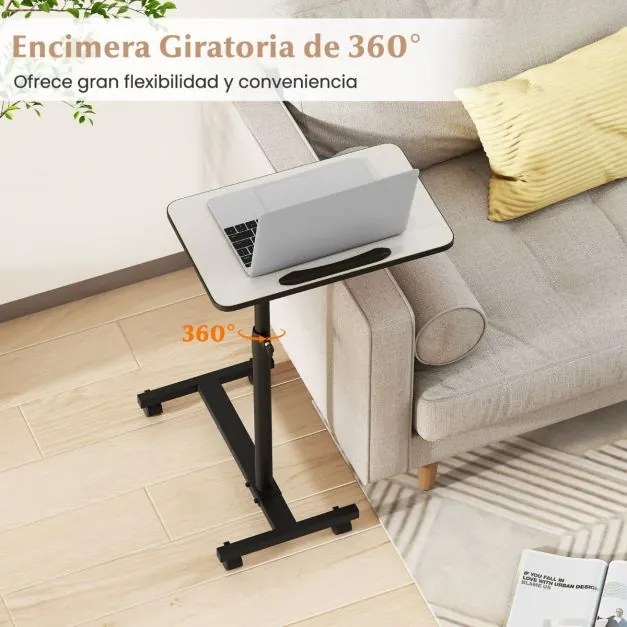 Mesa Auxiliar em Forma de C de Altura Ajustável com Tampo Inclinável Para Computador Giratória 360° para Espaços Pequenos Cinza
