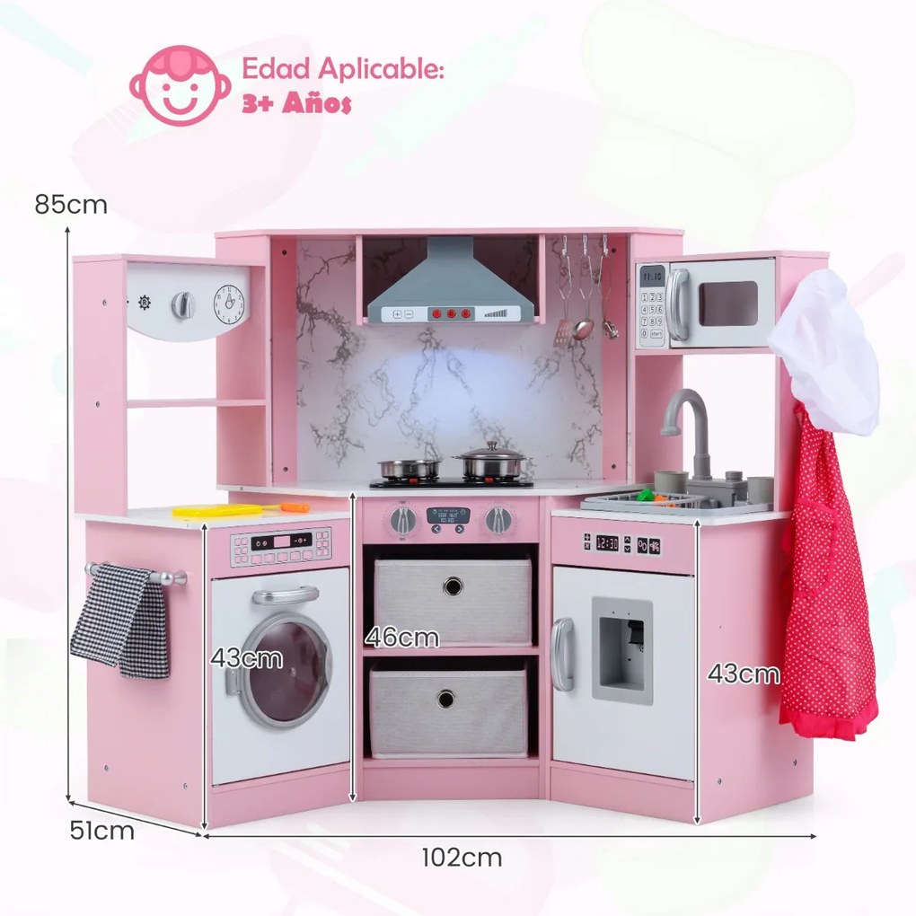 Cozinha Brincar de madeira para crianças 102 x 51 x 85 cm com luzes e sons, exaustor iluminado, sistema de água com dispensador e máquina de lavar par