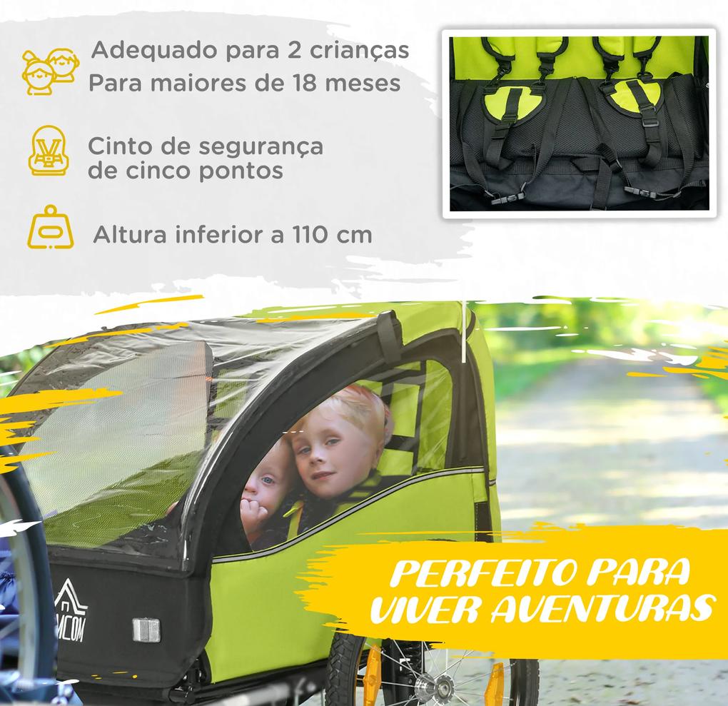 Reboque de Bicicleta para Crianças de 2 Lugares com Cinto de Segurança e Sistema de Amortecimento 140x88x90 cm Verde