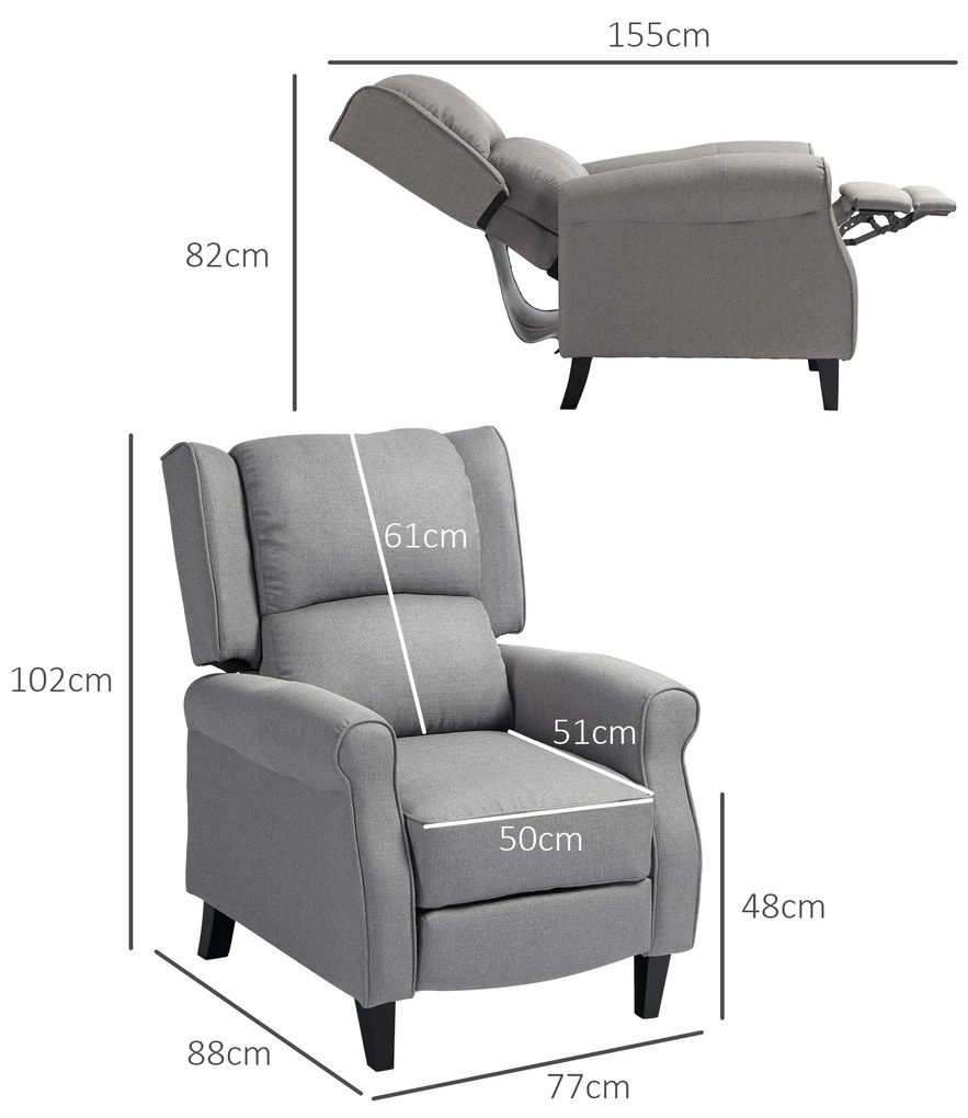 Poltrona Reclinável Poltrona Relax com Reclinação Manual até 160° e Apoio para os Pés Retráteis 77x88x102 cm Cinza