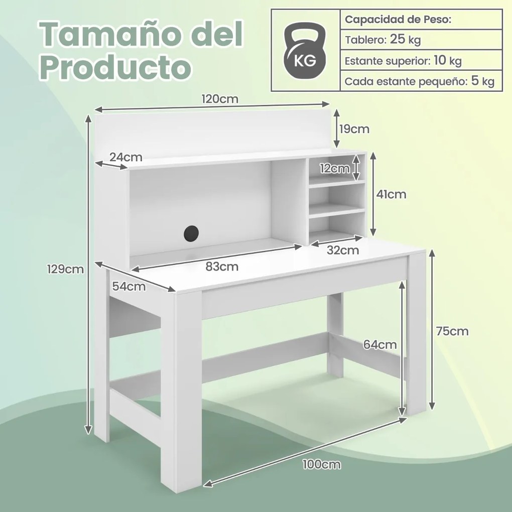 Secretária com Estante e Orifícios para Cabos Dispositivo Anti-Tipo para casa e escritório 120 x 554 x 75 cm Branco