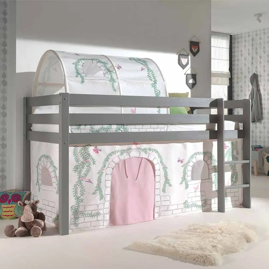 Conjunto Cama alta de Criança PINO 90 x 200 cm + estrado + escada + cortina + tunel Pássaro Cinzenta
