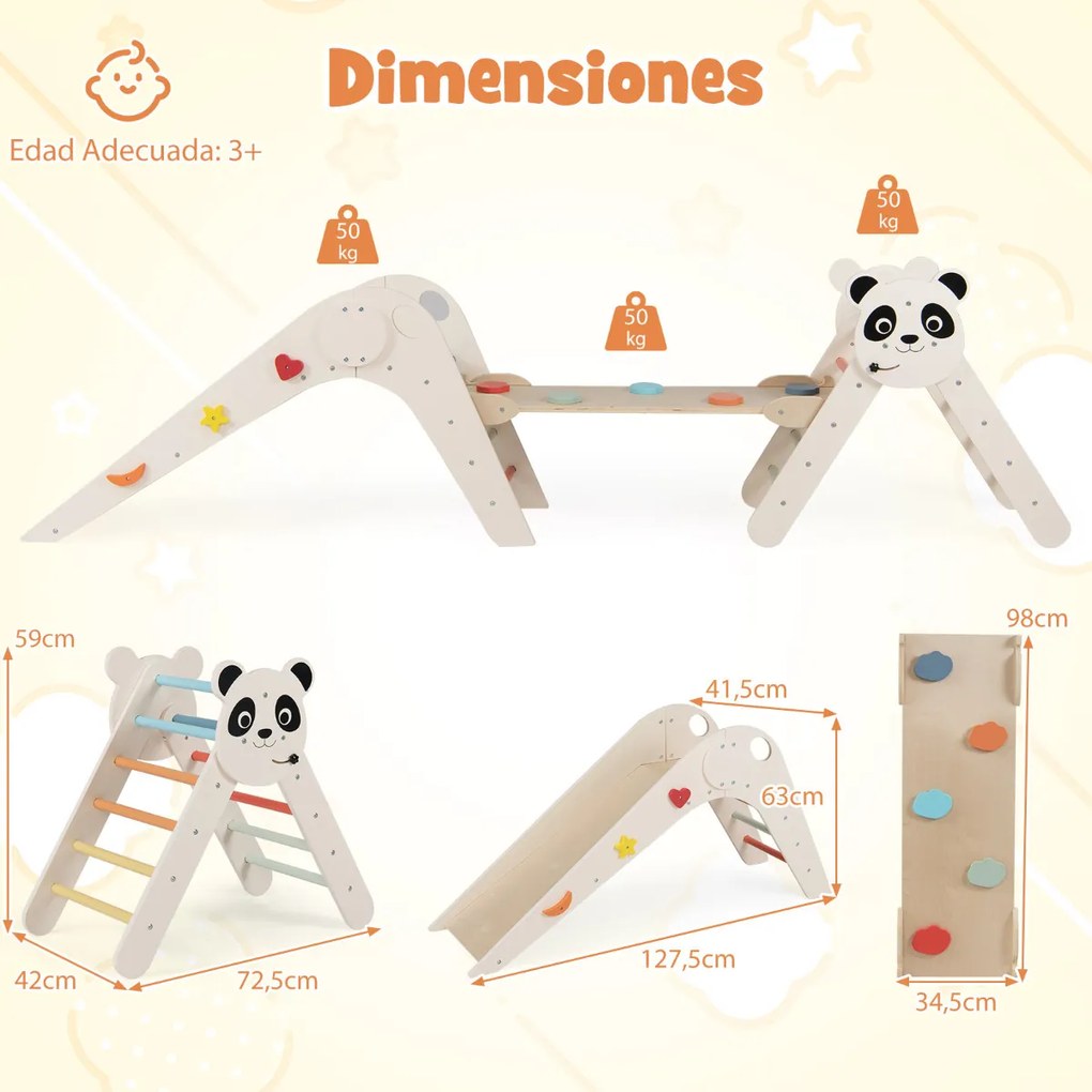 Parque dobrável para escalada para crianças Montessori de escalada em madeira com tema de panda Ginásio interior com escorrega bege