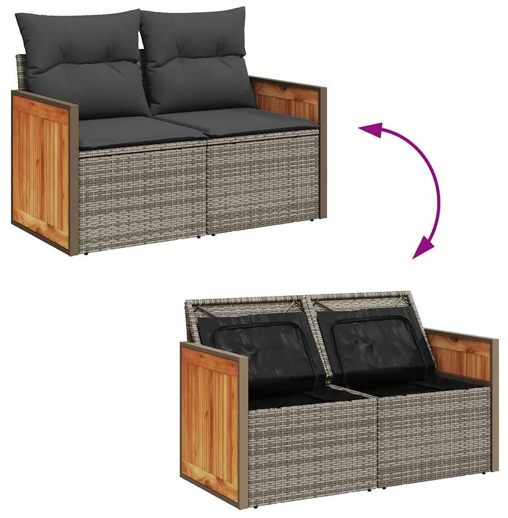 7 pcs conjunto sofás p/ jardim c/ almofadões vime PE cinzento