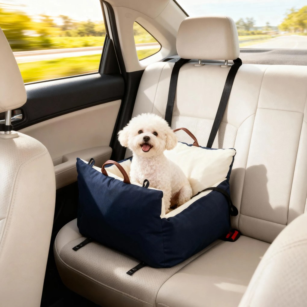 Assento de carro para cães  49x53x36 cm com cinto de segurança e sistema de fixação ao banco do carro, almofadado, azul-marinho