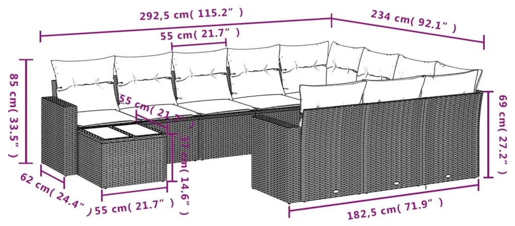 11 pcs conjunto sofás de jardim c/ almofadões vime PE bege
