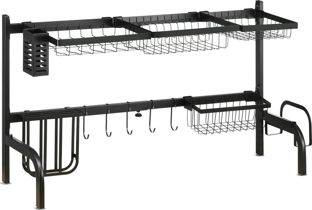 Escorredor de pratos para colocar sobre o lava-loiça, com 2 níveis, modular, em aço, 93 x 30 x 52 cm, preto