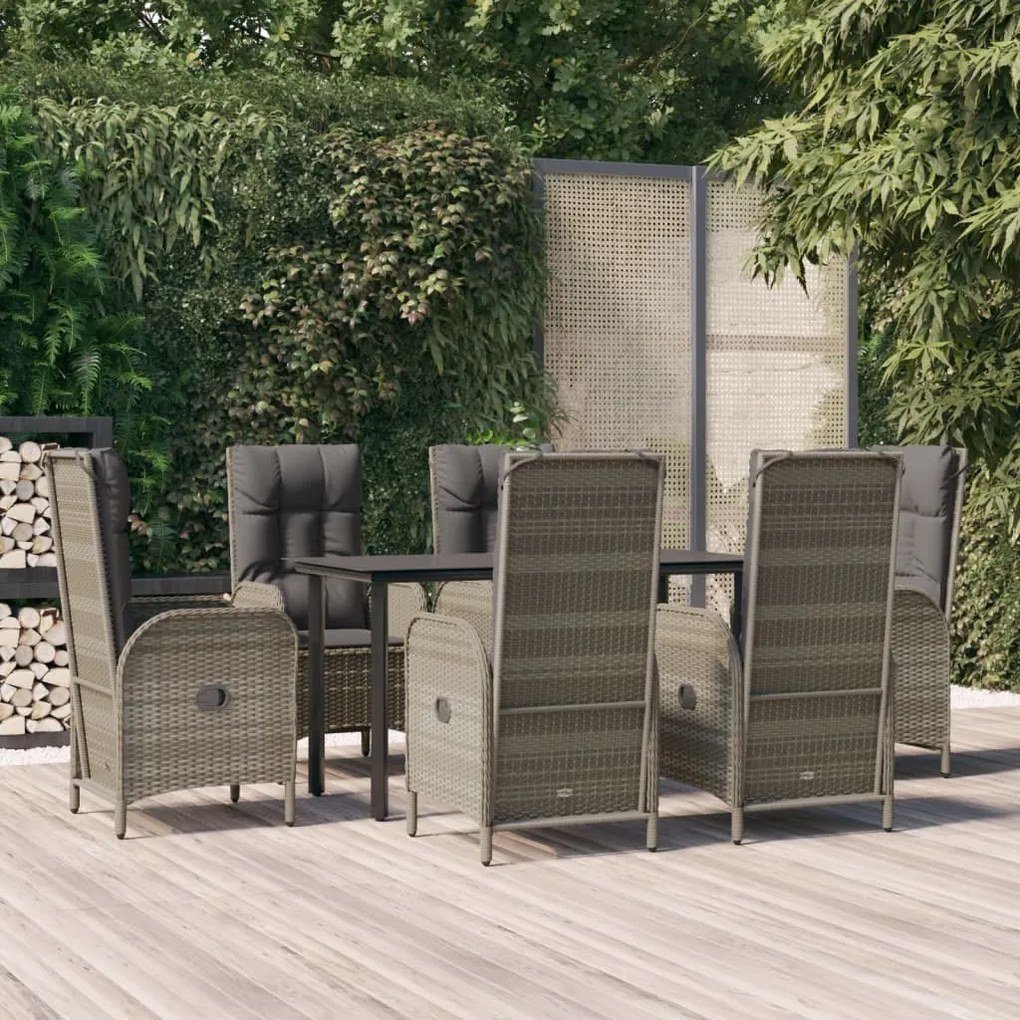 vidaXL 7 pcs conjunto jantar jardim c/ almofadões vime PE preto/cinza