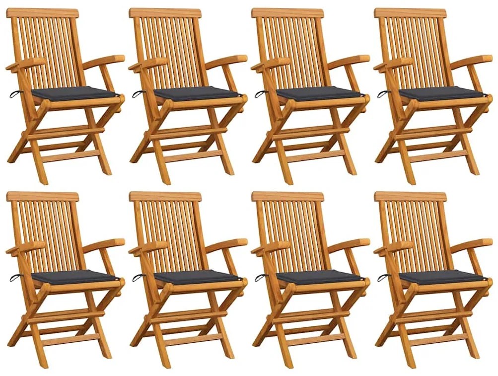 Cadeiras de jardim c/ almofadões antracite 8 pcs teca maciça