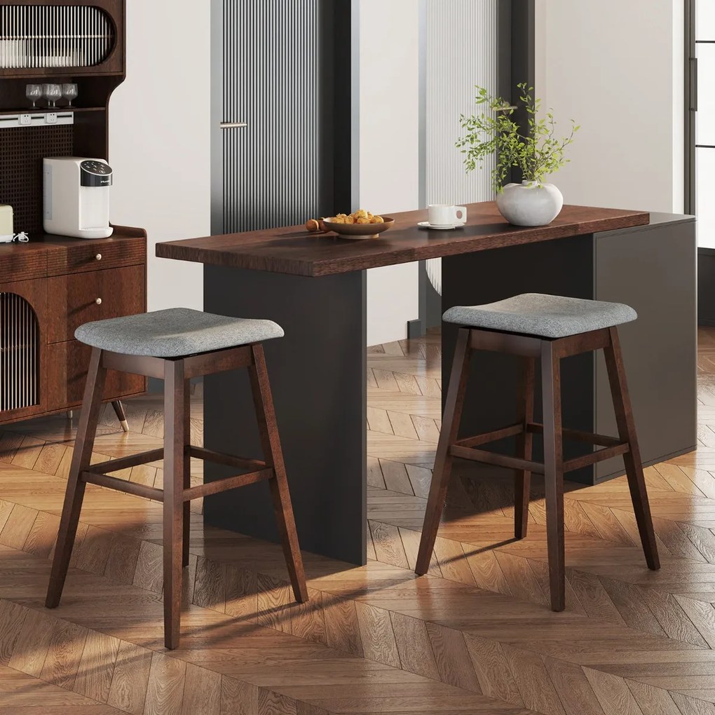 Conjunto de 2 bancos 50 x 50 x 76 cm giratórios de bar 360° com assento acolchoado, apoio para os pés e pernas em madeira de borracha