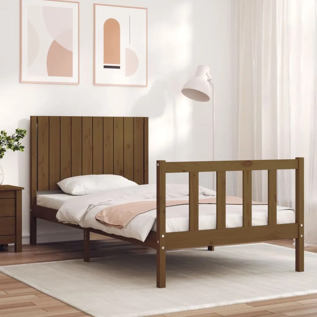 Estrutura cama cabeceira 100x200cm madeira maciça castanho-mel