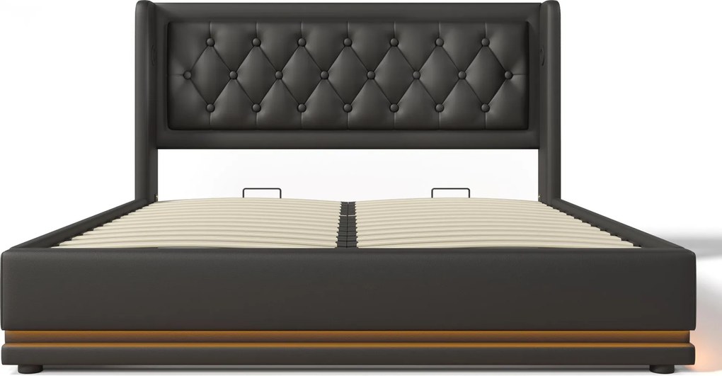 Cama estofada cama de casal 180x200 cm com arrumação hidráulica, Preto | AOSOM Portugal