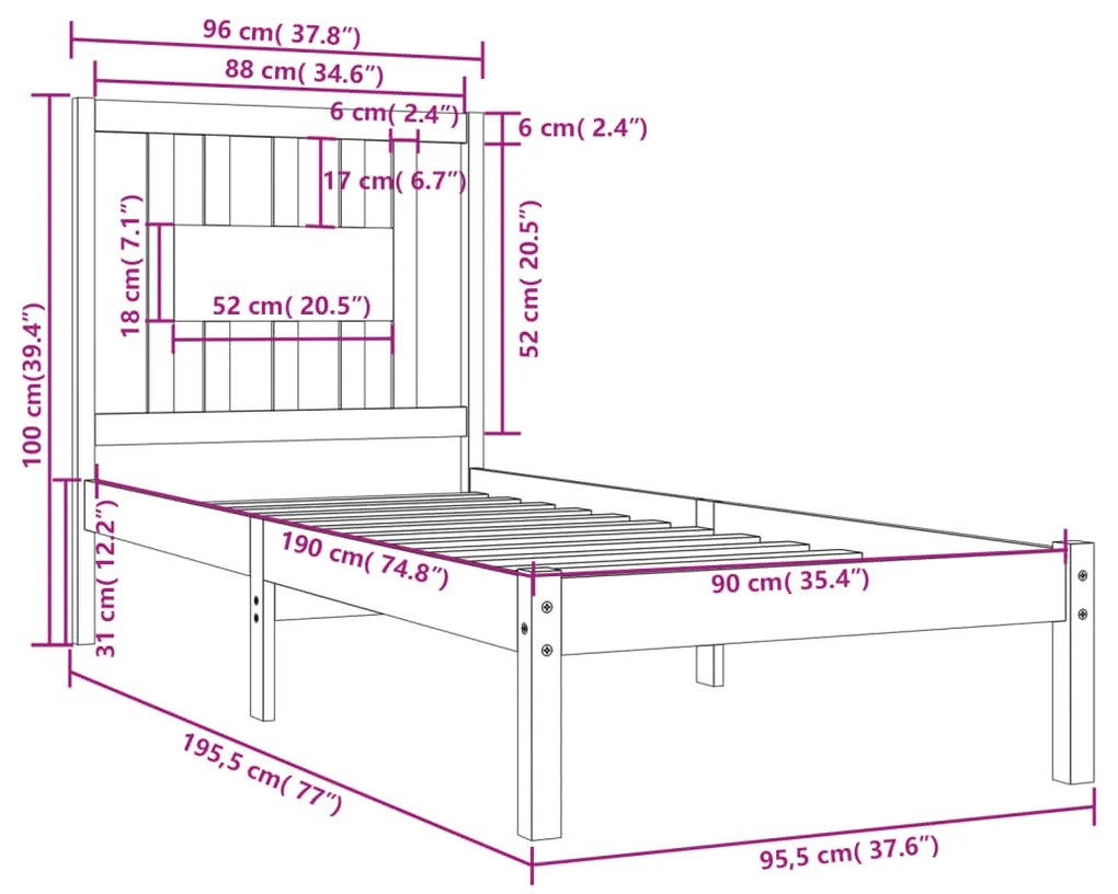 Estrutura de cama solteiro 90x190 cm madeira maciça branco