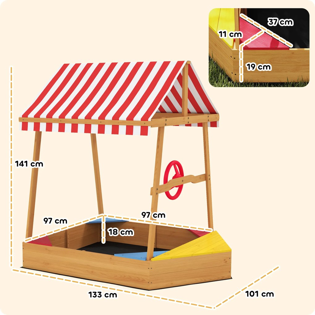 Caixa de Areia para Crianças em Forma de Barco com Toldo e Assentos Caixa de Areia para Exterior 133x101x141 cm Madeira