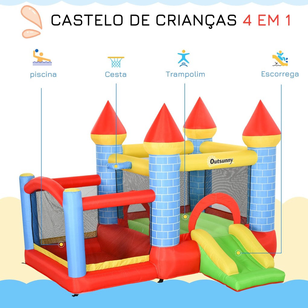 Outsunny Castelo inflável infantil com escorrega cama de salto insuflador e bolsa de transporte para interior e exterior 300x275x210 cm Multicolor