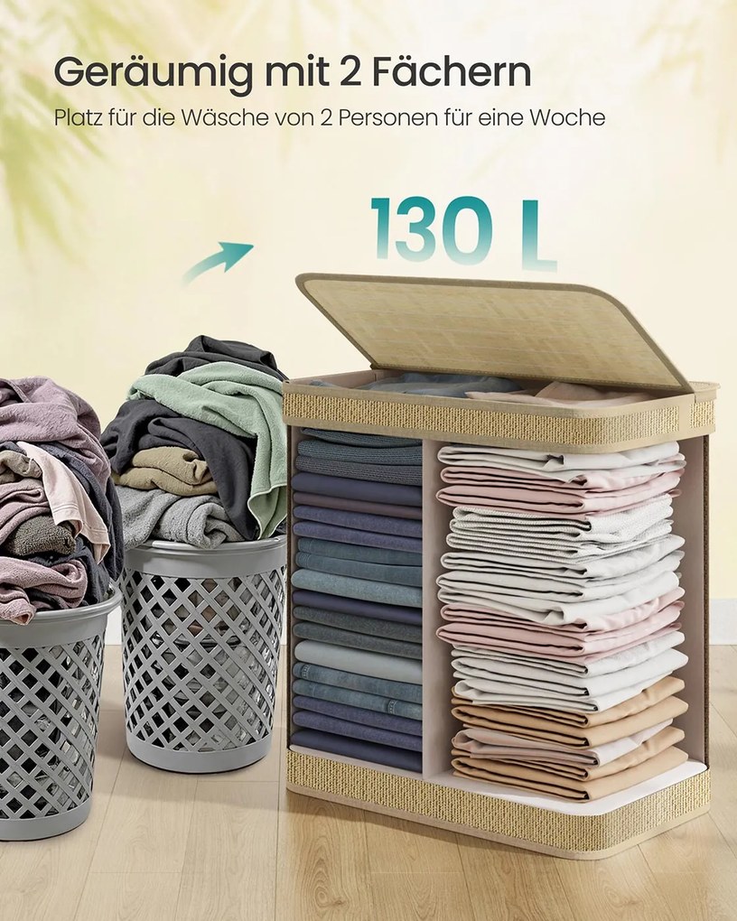 Cesto para roupa suja de 130 litros 67 x 44 x 61 cm em bambu com 2 compartimentos e tampa, cor natural
