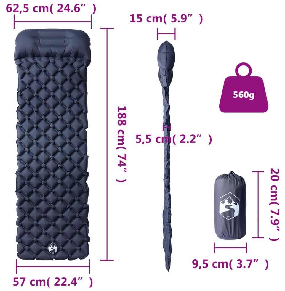 Colchão de campismo insuflável c/ almofada 1 pessoa cinza