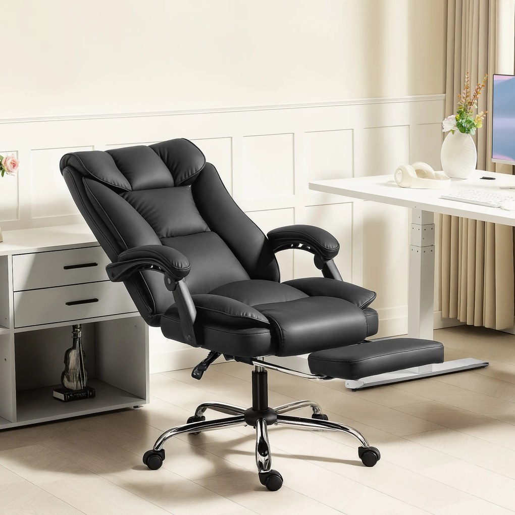Cadeira de escritório ergonómica, cadeira de escritório reclinável com apoio para os pés, altura ajustável, giratória a 360°, preta