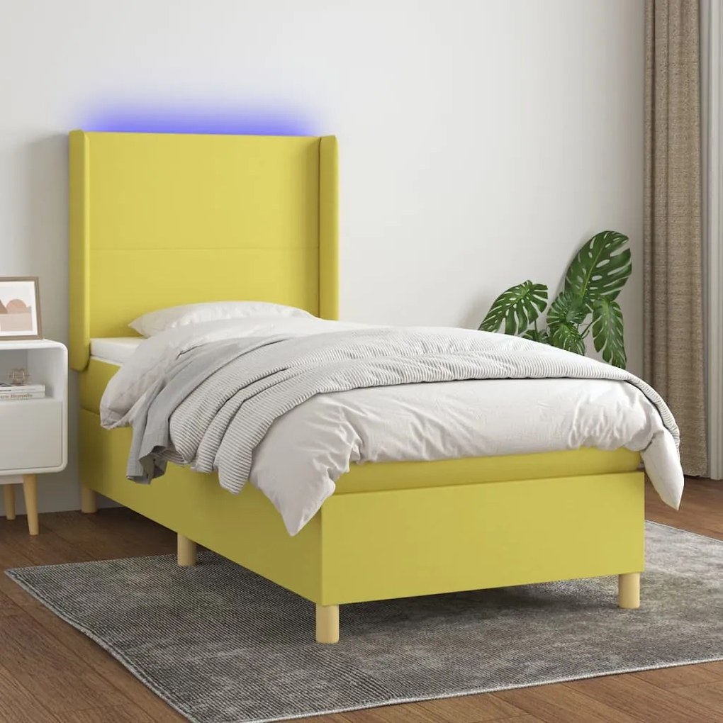 vidaXL Cama box spring c/ colchão e LED 90x190 cm tecido verde