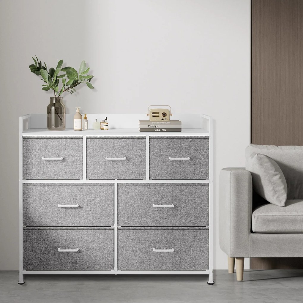 Cómoda, armário, 7 gavetas em tecido com puxadores 28,5 x 98 x 85 cm cinza-branco