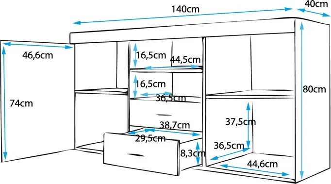 Aparador "Manvy" - 140x80x40 cm - Preto e Carvalho - Design Moderno -