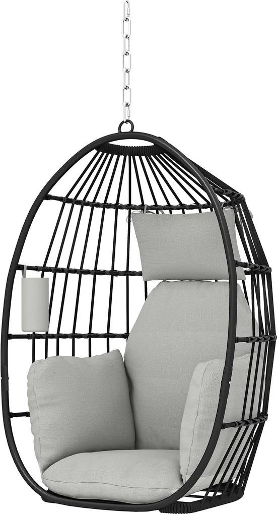 Cadeira suspensa em forma de ovo, cesto dobrável, almofadas estofadas, porta-copos, almofada, cinzento escuro
