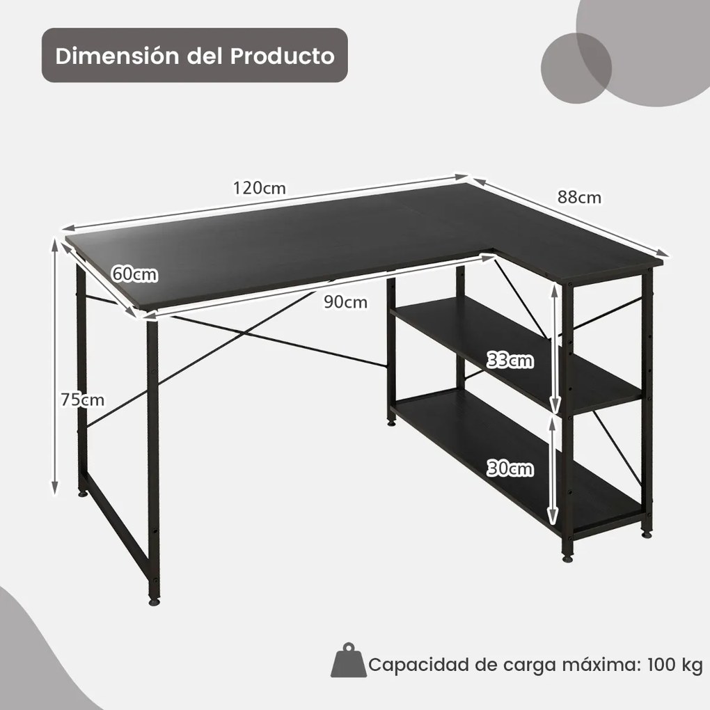 Secretária computador reversível em forma de L com Estantes para Escritório 120 x 88 x 74,5 cm Preto