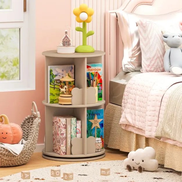Estante giratória para crianças Estante infantil com 2 níveis e separadores em forma de coelho 360 graus 40 x 40 x 65 cm Café