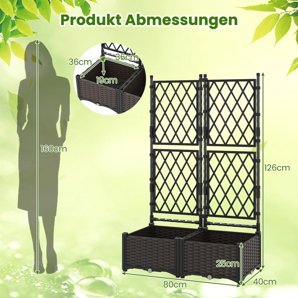 Floreira com treliça para jardim 80,5 x 40 x 126,5 cm, vaso para plantas trepadeiras com sistema de auto-regulação, caixa dupla para plantação, terraç