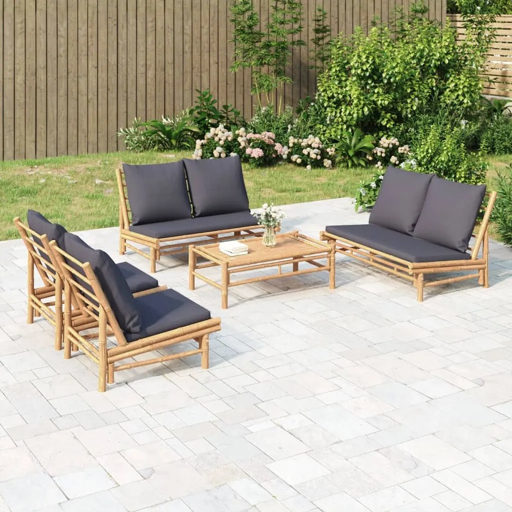 vidaXL 5 pcs conjunto lounge jardim bambu c/ almofadões cinza-escuro