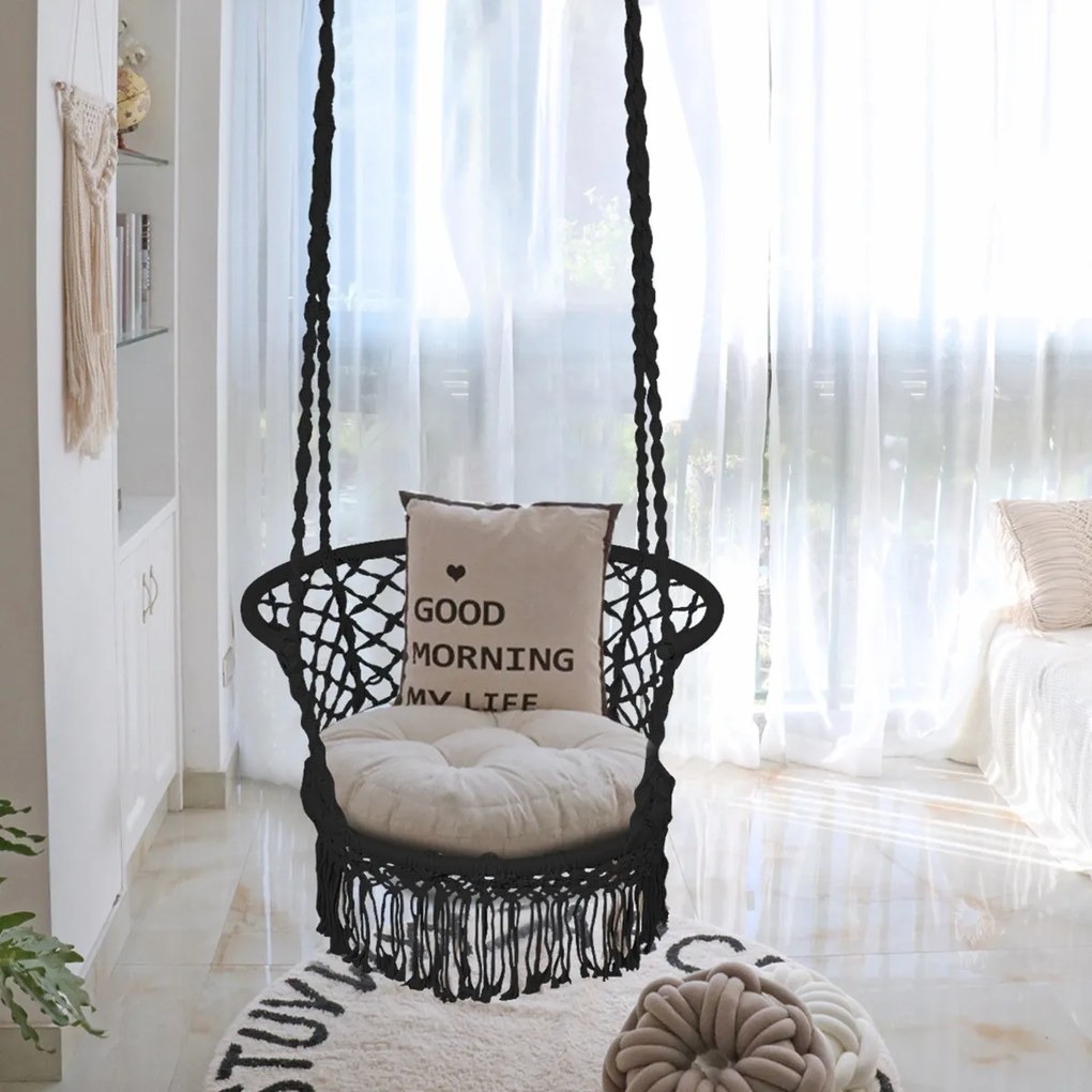 Cadeira Baloiço Jardim com Cordas  de Algodão de Assento Perfeito para Pátio Casa Jardim Preto