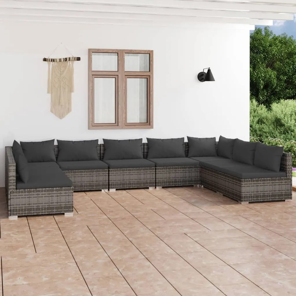 vidaXL 9 pcs conjunto lounge de jardim c/ almofadões vime PE cinzento