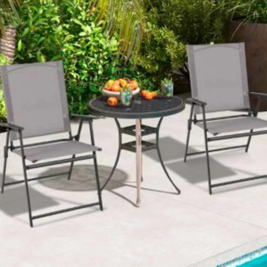 Conjunto de 2 cadeiras de jardim dobráveis com encosto alto Cadeira de jardim exterior portátil em metal de tecido resistente Cinzentas