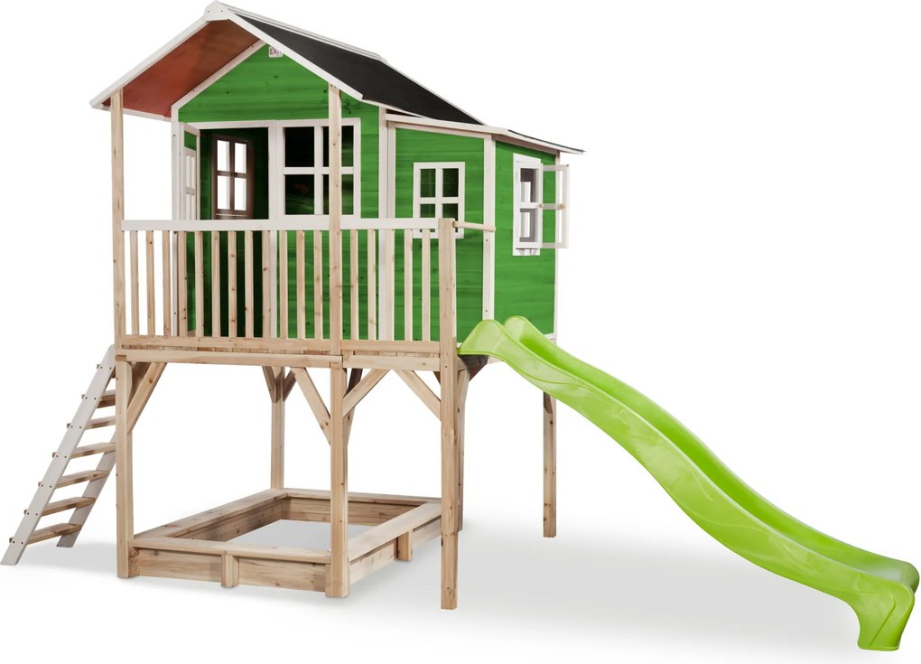 Casa de brincar infantil exterior para crianças Loft 750 em madeira com escorrega e caixa areia - Verde
