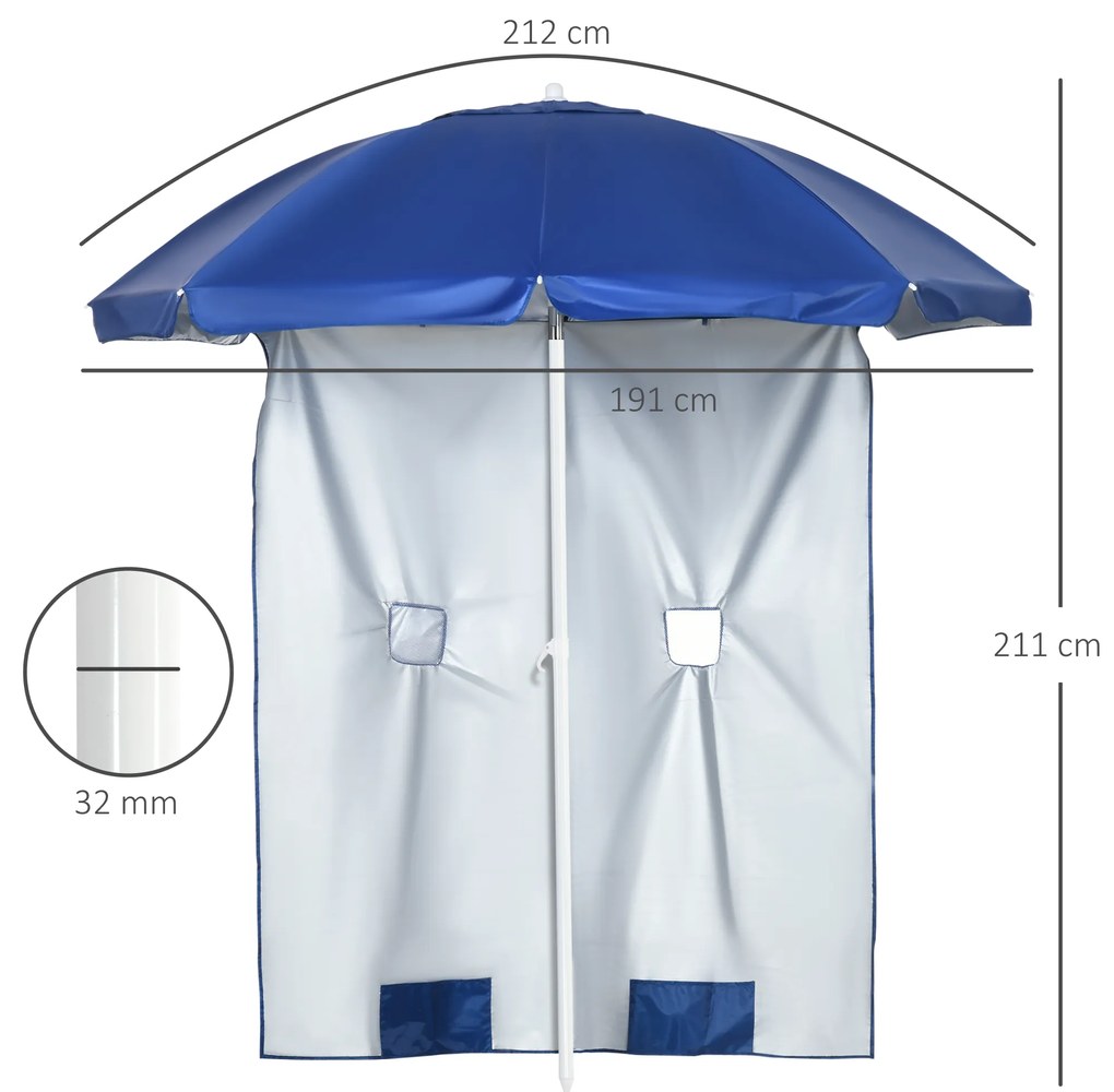 Chapéu de Sol de Praia com Painel Lateral Manivela Manual Teto Inclinável 2 Bolsos e 2 Janelas Ø191x211 cm Azul