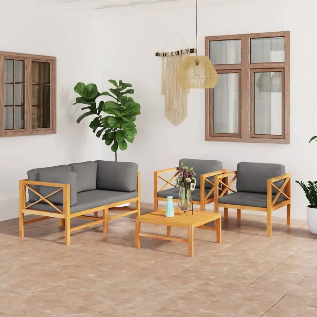 vidaXL 5 pcs conj. lounge de jardim + almofadões cinzentos teca maciça