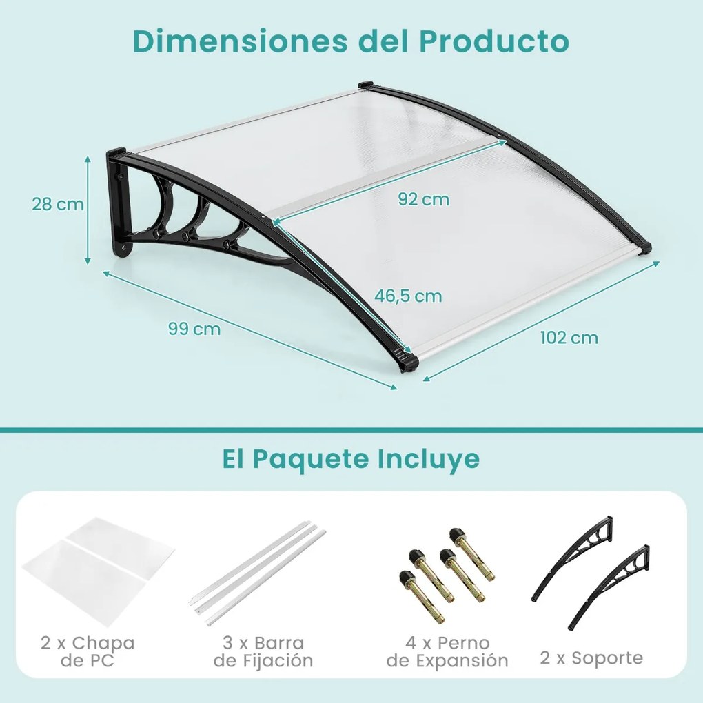 Toldo de 102 x 99 cm para janela ou porta para proteção solar, chuva, neve, vento Transparente
