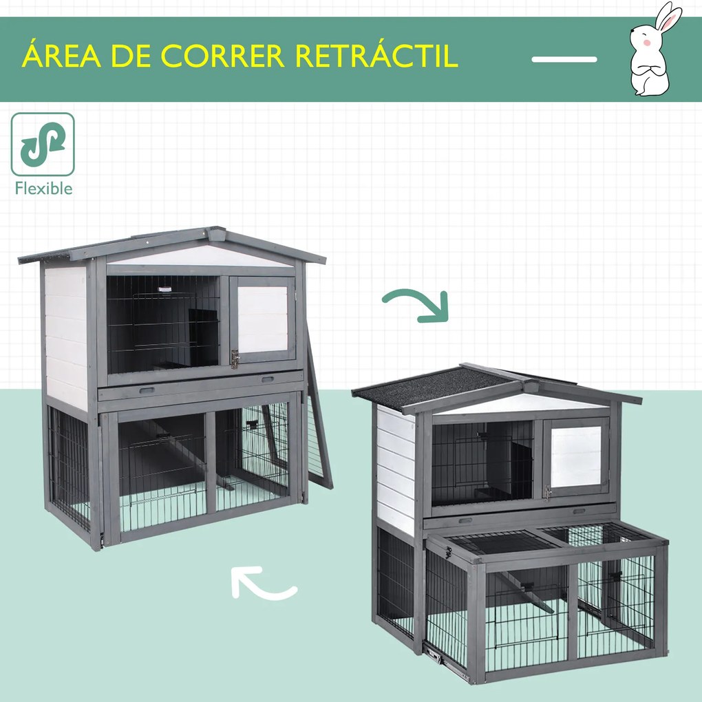 PawHut Coelheira de Exterior de Madeira de 2 Níveis Gaiola para Coelhos e Animais Pequenos com Teto Asfástico Zona Aberta Bandeja Removível e Rampa 101,5x90x100cm Cinza