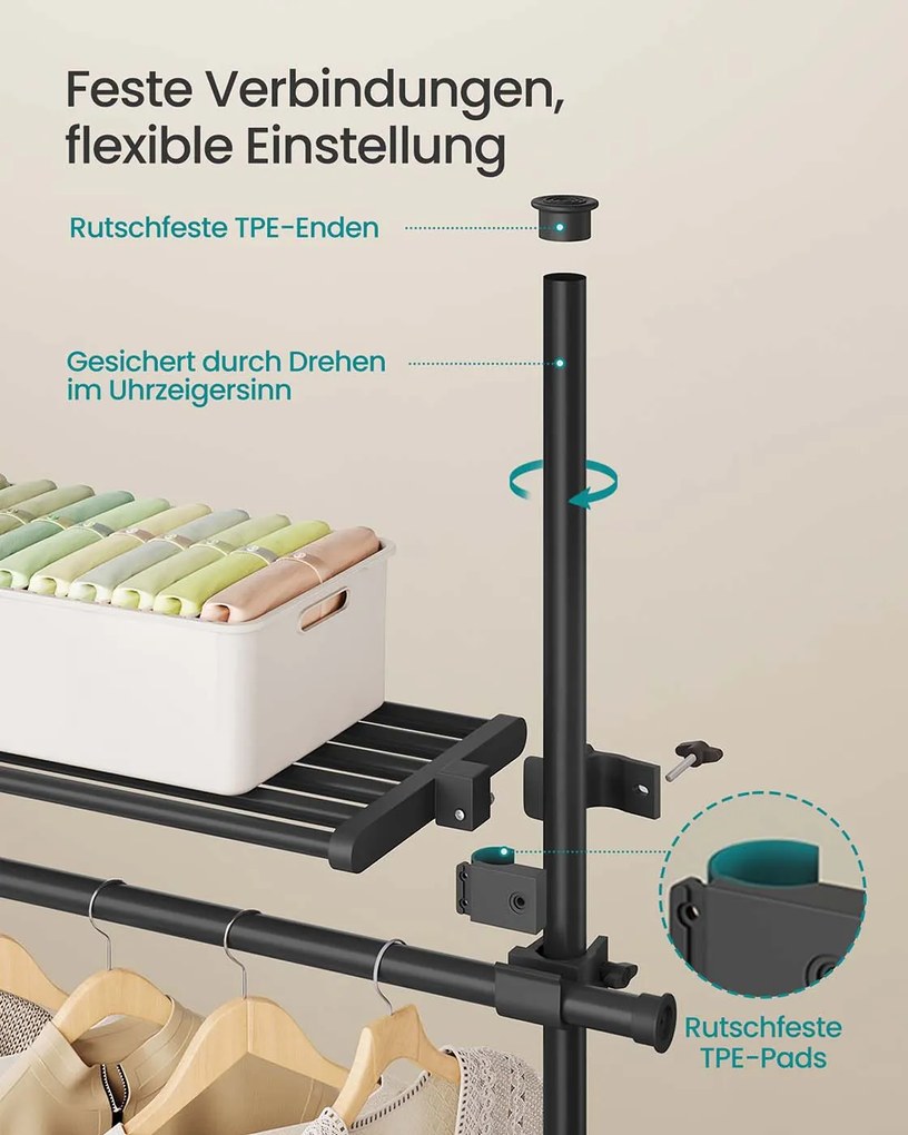 Guarda roupa 33,5 x (240-353) x (208-310) cm com Barras telescópicas com 6 barras e 3 prateleiras em preto