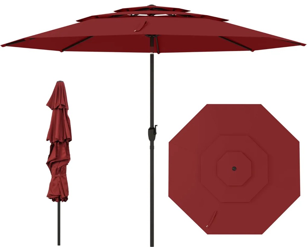 Guarda-sol ventilado de 3 níveis com botão de inclinação, manivela, 8 varas resistentes, 300 x 300 x 245 cm, Vermelho