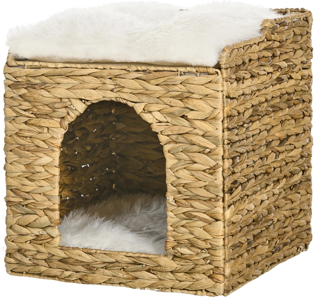 Compartimento aberto para gatos de 2 andares com 2 almofadas em jacinto-d'água - 37,5 x 37,5 x 41,5 cm castanho-creme