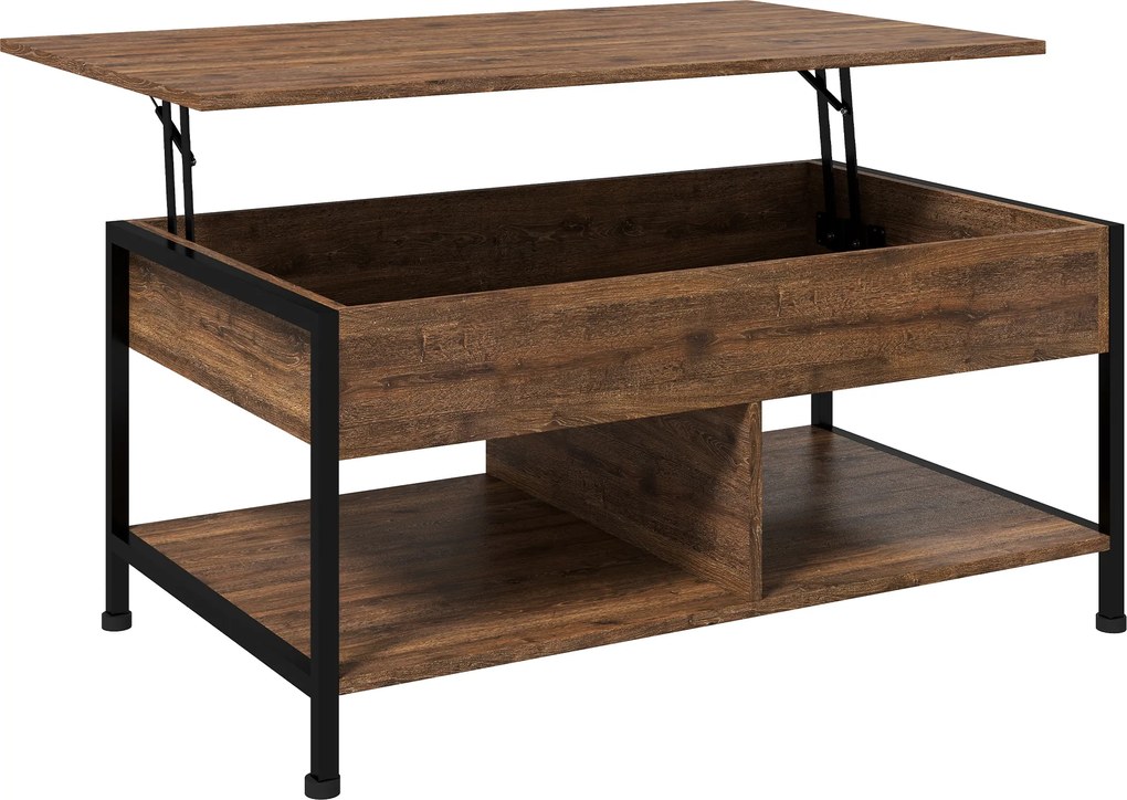 Mesa de centro  100 x 80 x 60 cm elevável com compartimento oculto, 2 prateleiras inferiores,, castanho rústico e preto