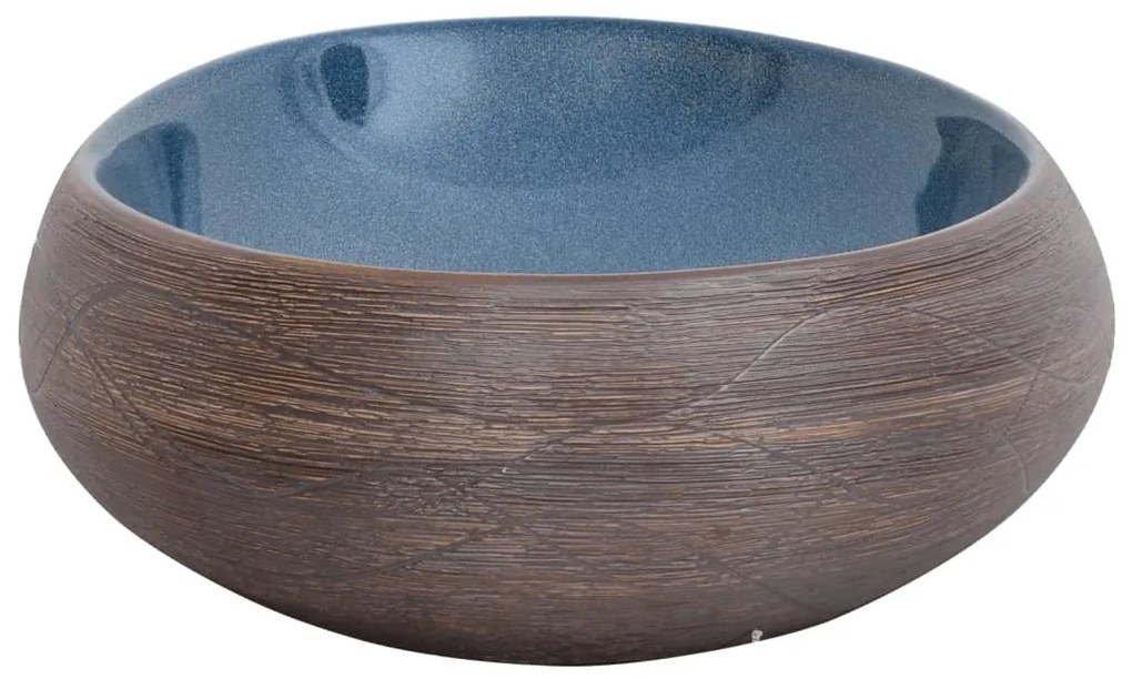 Lavatório de bancada oval 59x40x15 cm cerâmica castanho e azul