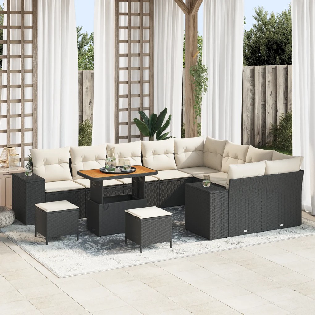 Conjunto de Sofá de Jardim vidaXL de 12 Peças com Almofadas Preto Ratt