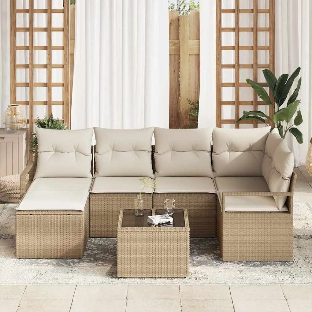 Conjunto de Sofá de Jardim de 7 Peças com Almofadas Marrom em Rattan