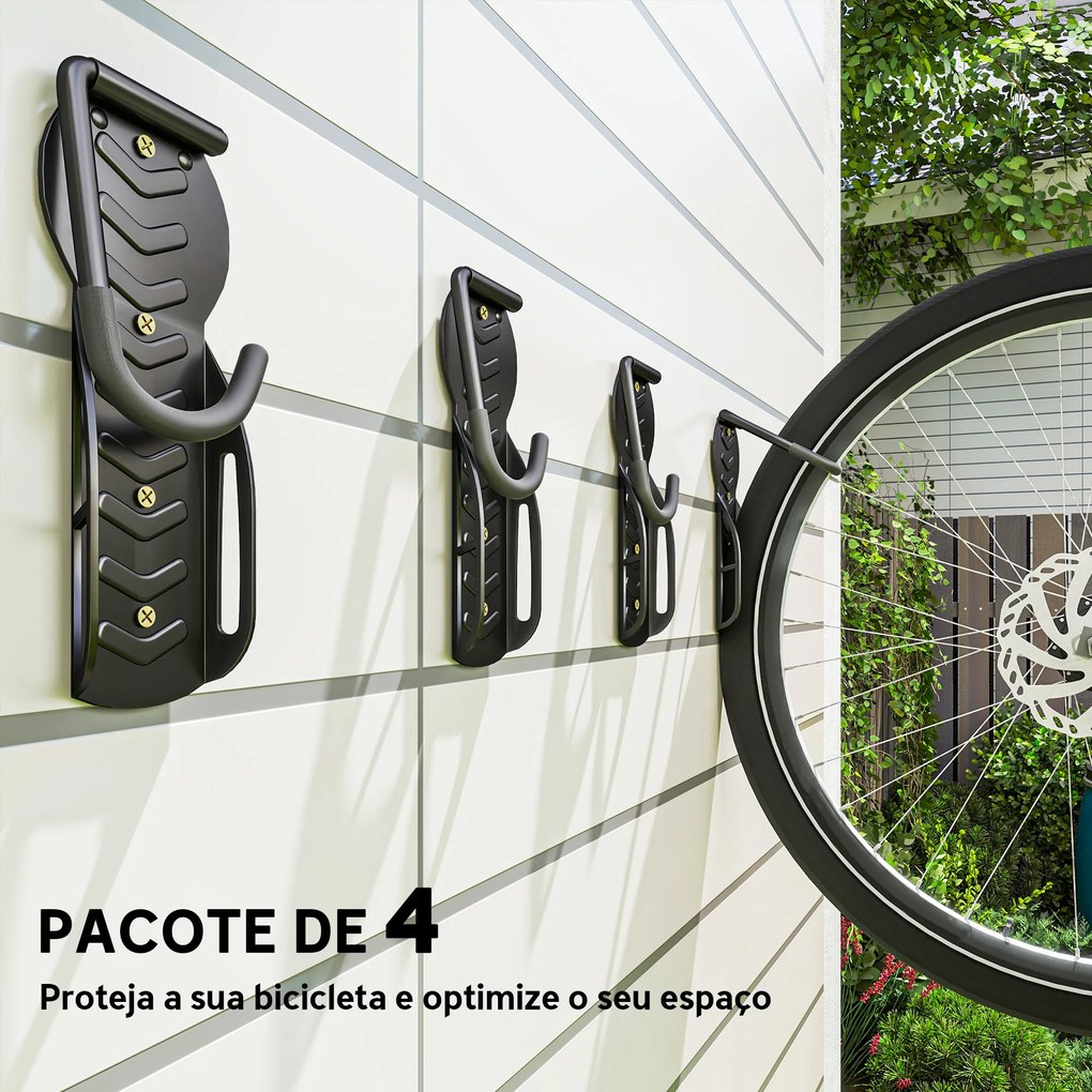 Conjunto de Suportes de Parede para Bicicletas com 4 Peças Gancho Dobrável 25,5x10,5x4 cm Preto
