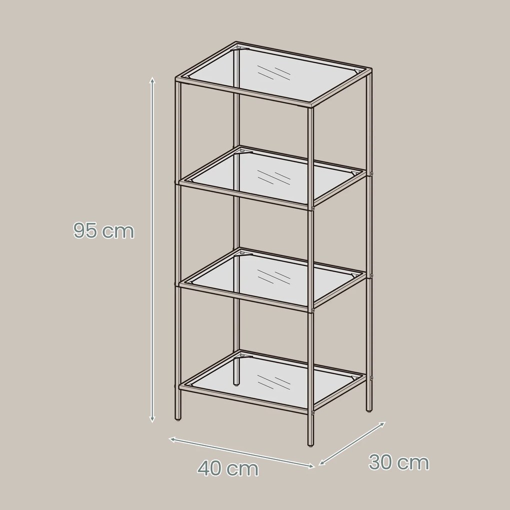 Estante de 4 níveis multifuncional em metal e vidro temperado 30 x 40 x 95 cm preto